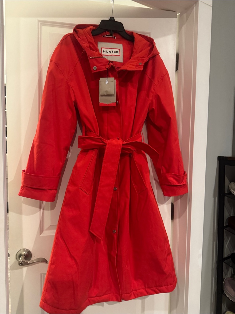NWT Hunter Red Hooded Trench Coat with Waist Tie